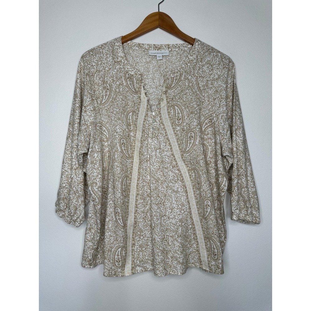 Pure‎ J Jill Organic Cotton Henley Top Womens L White Tan Paisley Boho Peasant